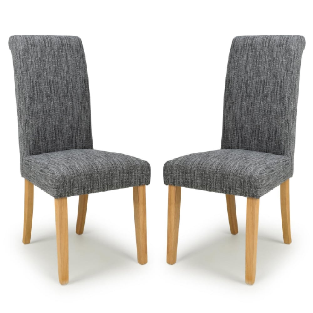 camino grey fabric dining chairs with natural legs in pair