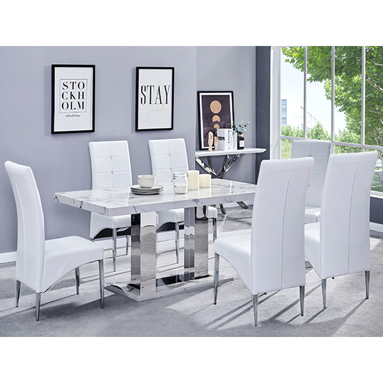 View Candice gloss dining table in diva marble effect 6 white chairs
