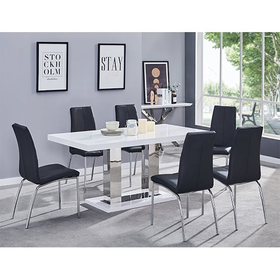 Product photograph of Candice White High Gloss Dining Table With 6 Opal Black Chairs from Furniture in Fashion