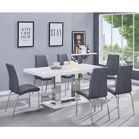 Photo of Candice white high gloss dining table with 6 opal grey chairs