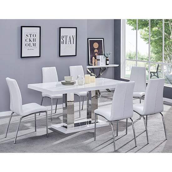 Product photograph of Candice White High Gloss Dining Table With 6 Opal White Chairs from Furniture in Fashion