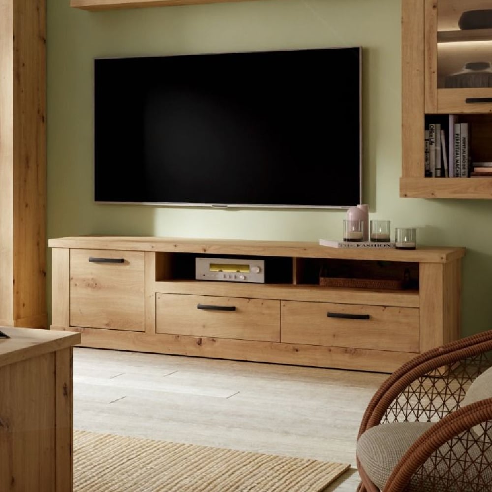 caneadea wooden tv stand with 1 door 2 drawers in artisan oak