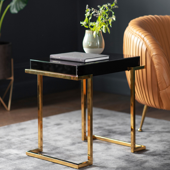 Product photograph of Canela Mirrored Side Table With Gold Steel Legs In Black from Furniture in Fashion