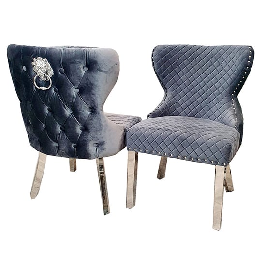 Photo of Caney lion knocker dark grey velvet dining chairs in pair
