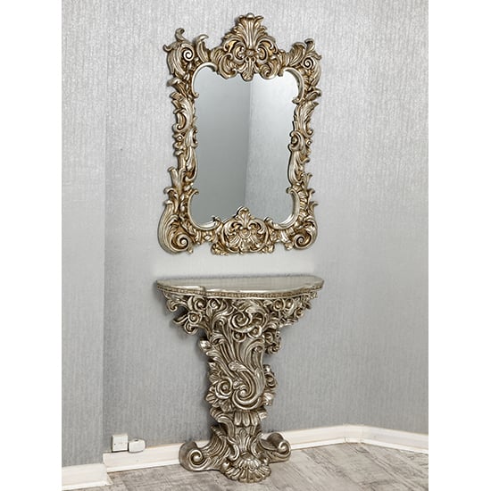 Product photograph of Cannan French Ornate Console Table With Wall Mirror In Silver from Furniture in Fashion