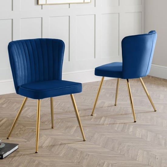 Read more about Caledon blue velvet dining chair with gold metal legs in pair