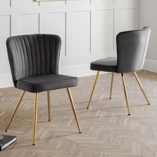 Read more about Caledon grey velvet dining chair with gold metal legs in pair