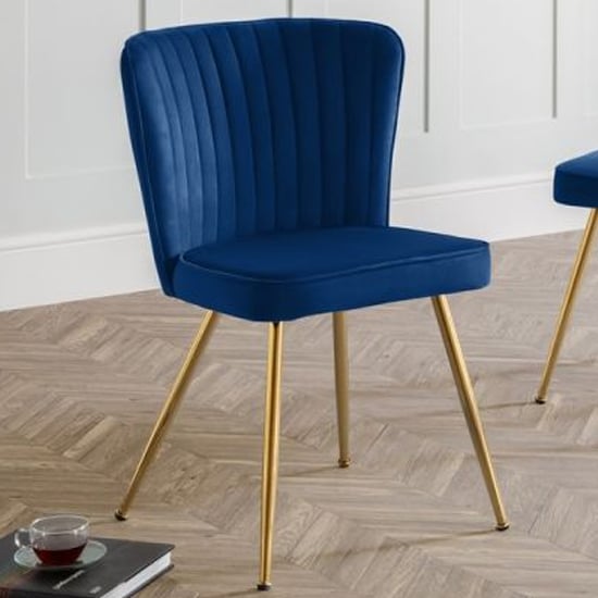 Product photograph of Caledon Velvet Dining Chair In Blue With Gold Metal Legs from Furniture in Fashion