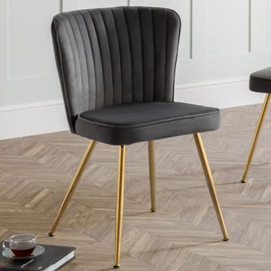 Product photograph of Caledon Velvet Dining Chair In Grey With Gold Metal Legs from Furniture in Fashion