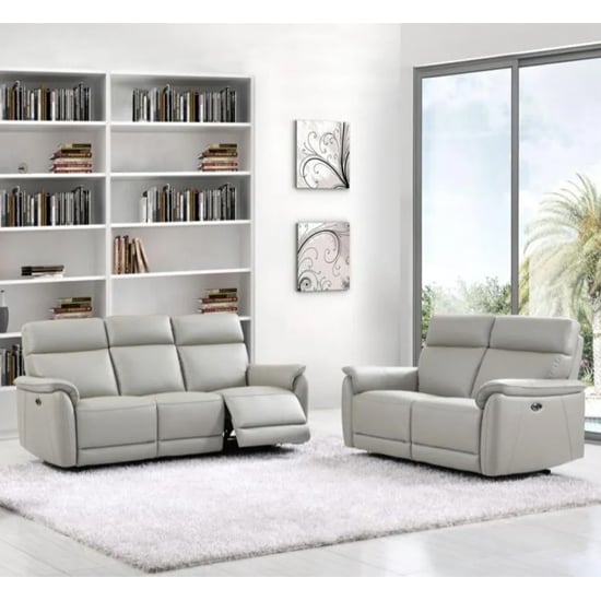 Read more about Canton electric recliner leather 3+2 sofa suite in light grey