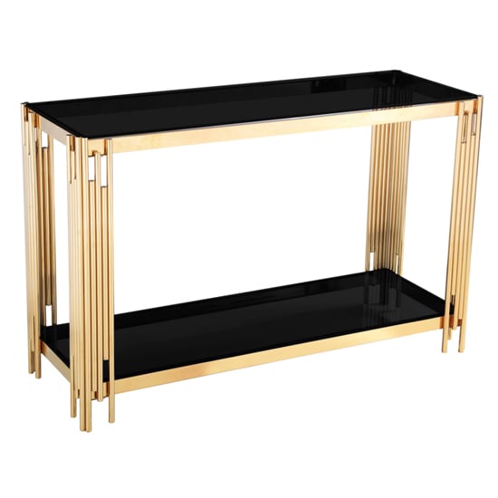 Product photograph of Cappy Black Glass Console Table With Gold Metal Frame from Furniture in Fashion