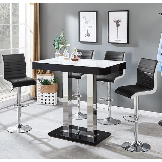 Photo of Caprice white black gloss bar table 4 ritz black white stools