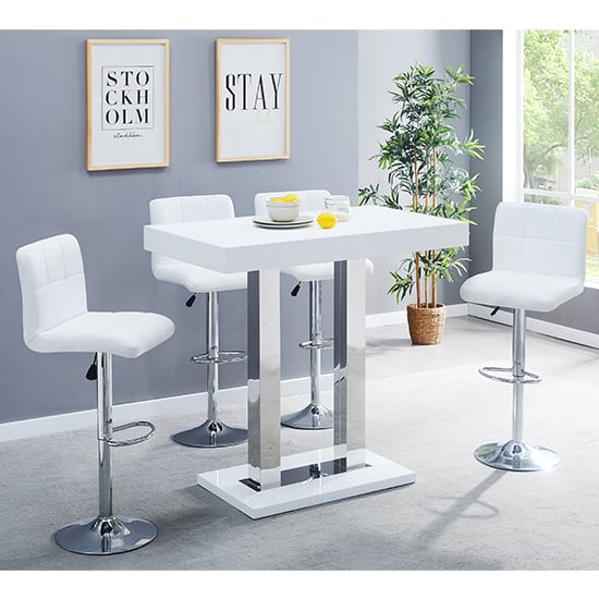 Product photograph of Caprice White High Gloss Bar Table With 4 Coco White Stools from Furniture in Fashion