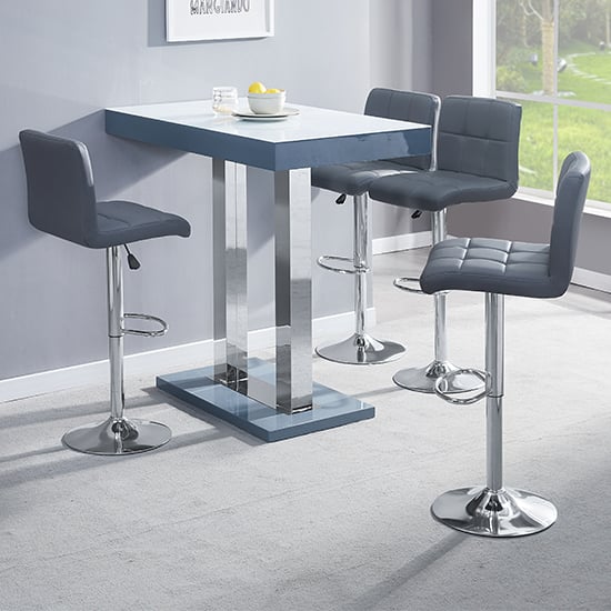 Product photograph of Caprice White Grey Gloss Bar Table With 4 Coco Grey Stools from Furniture in Fashion