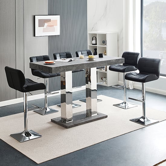 Read more about Caprice large concrete effect bar table 6 candid black stools