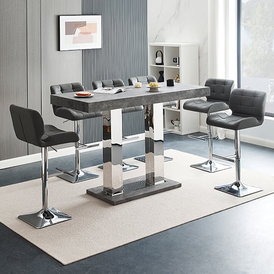 Read more about Caprice large concrete effect bar table 6 candid grey stools