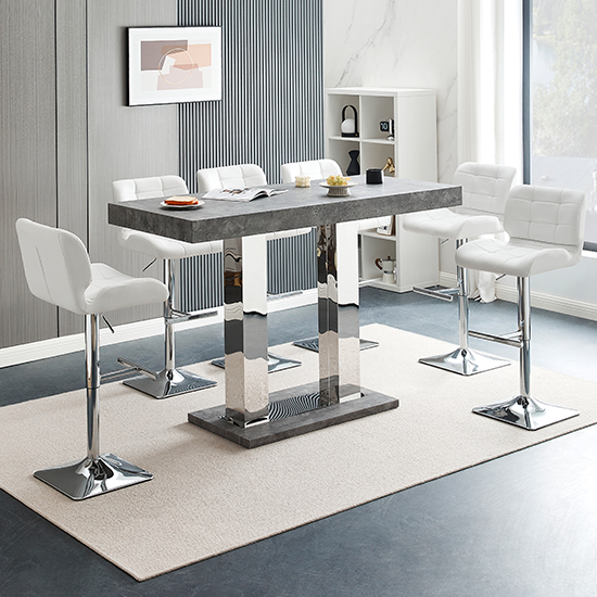 Read more about Caprice large concrete effect bar table 6 candid white stools
