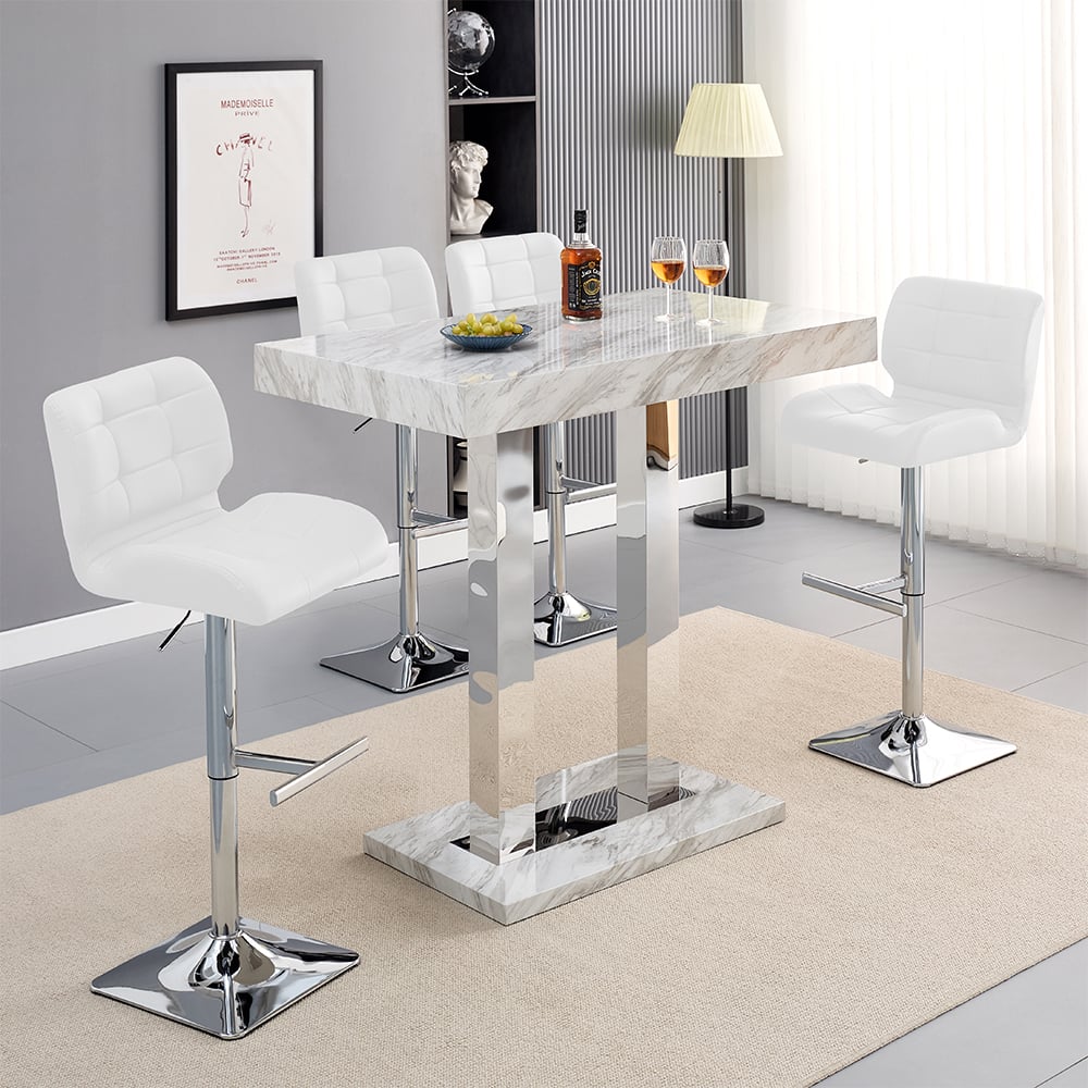 caprice small magnesia bar table with 4 candid white stools