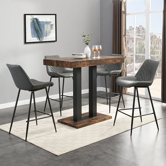 Product photograph of Caprice Rustic Oak Wooden Bar Table With 4 Oston Grey Stools from Furniture in Fashion