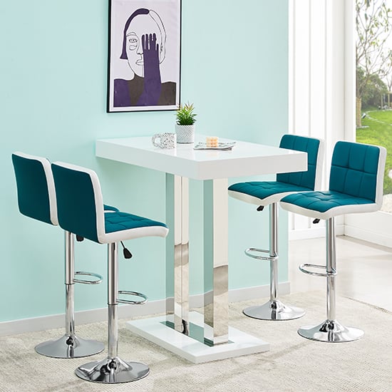 Product photograph of Caprice White High Gloss Bar Table 4 Copez Teal White Stools from Furniture in Fashion