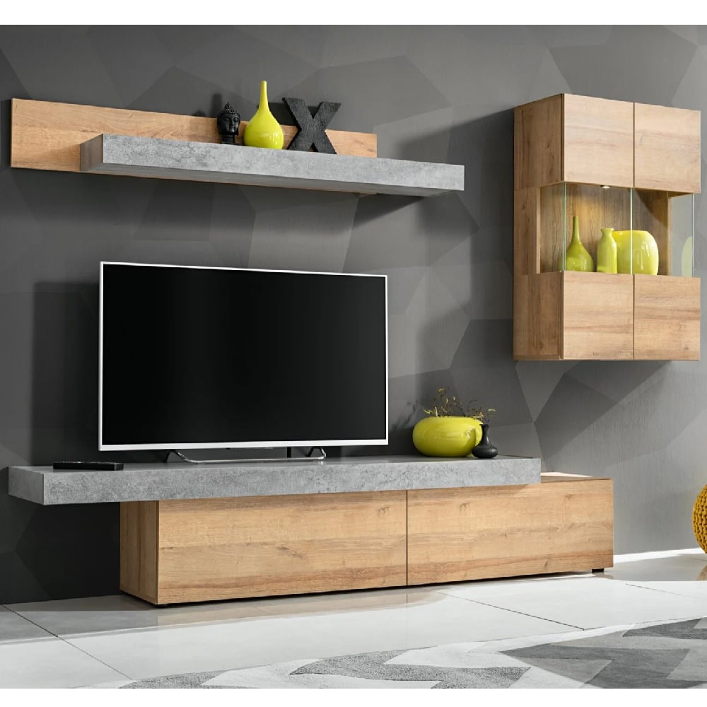 carlisle wooden entertainment unit with wall hung in grey and oak