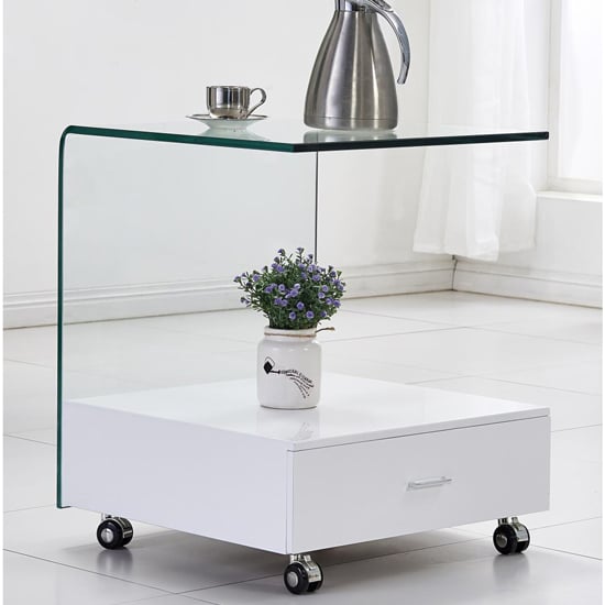 Photo of Carlota clear glass lamp table with white high gloss drawer