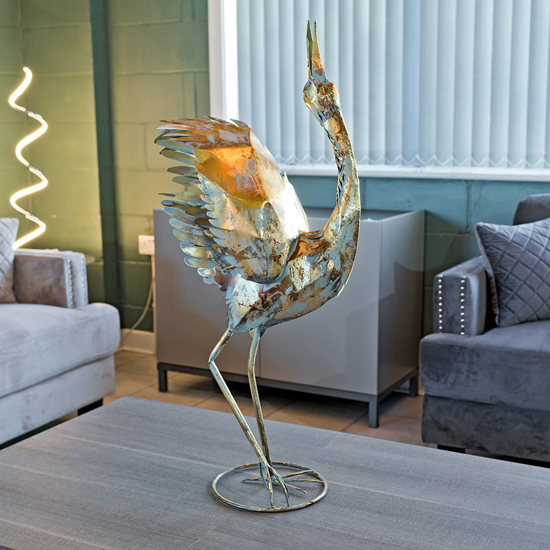 Product photograph of Carlton Iron Crane Sculpture In Rustic Gold from Furniture in Fashion