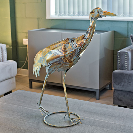 Product photograph of Carlton Iron Walking Crane Sculpture In Rustic Gold from Furniture in Fashion