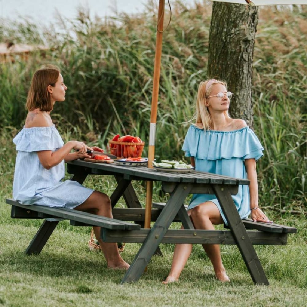 carnation wooden picnic table with bench in dark grey