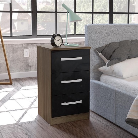 Read more about Carola bedside cabinet in walnut black high gloss and 3 drawers