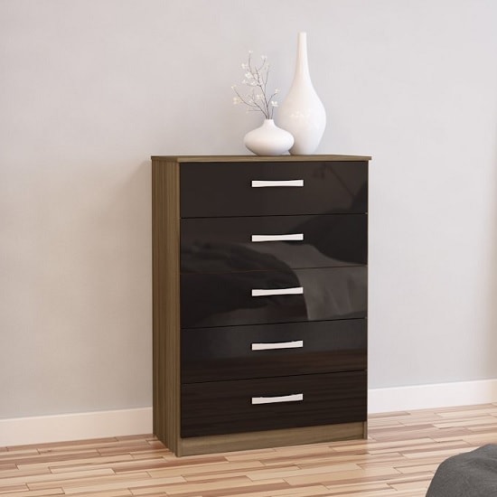 Product photograph of Carola Chest Of Drawers In Walnut Black High Gloss 5 Drawers from Furniture in Fashion