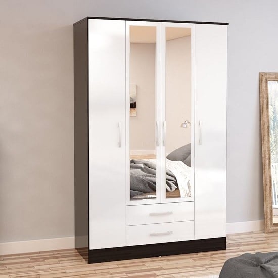 Carola 4 Doors Mirrored Wardrobe In Black And White High Gloss