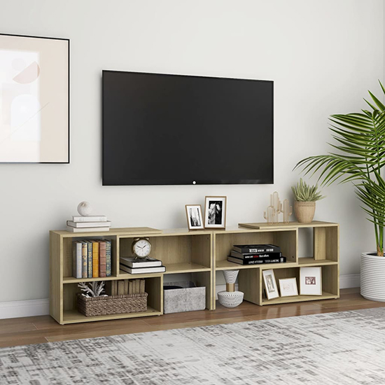 Product photograph of Carolus Wooden Tv Stand With Shelves In Sonoma Oak from Furniture in Fashion