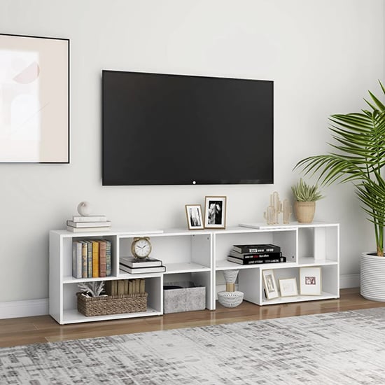 Photo of Carolus wooden tv stand with shelves in white