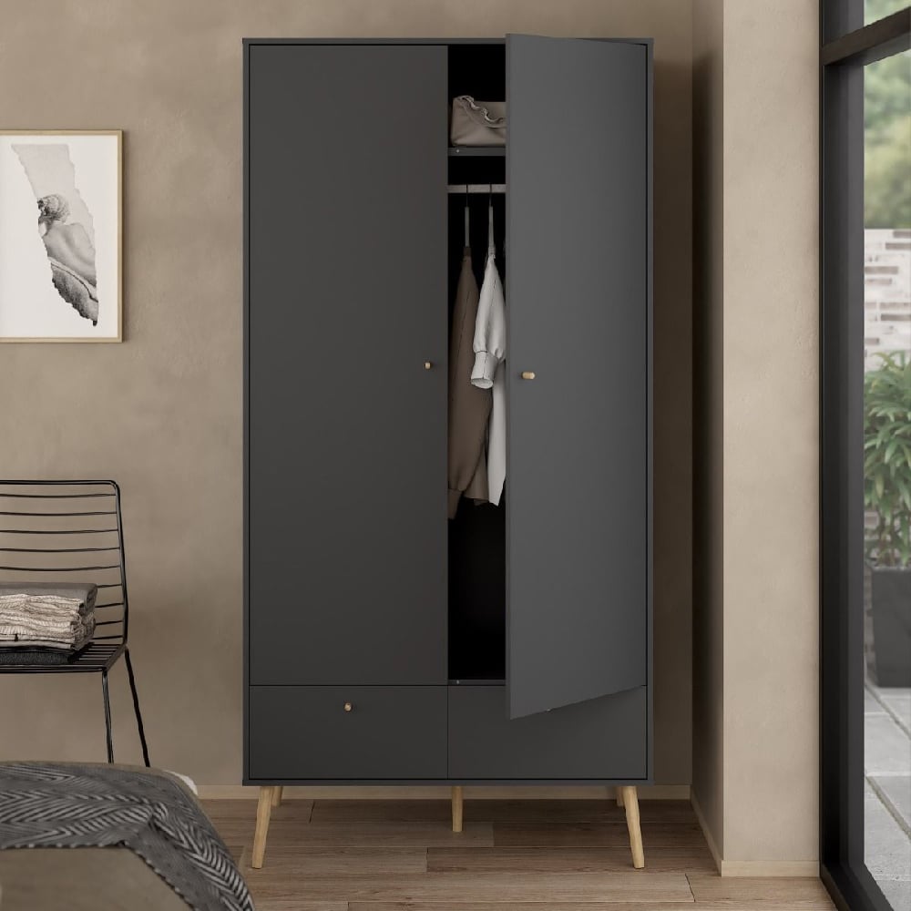 casey wooden wardrobe with 2 doors 2 drawers in dark grey