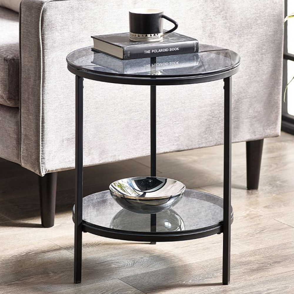 Casper Smoked Glass Lamp Table Round With Black Frame
