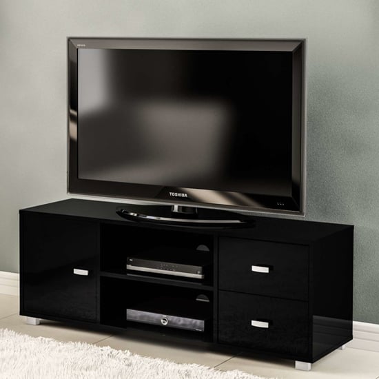 casper wooden tv stand with 1 door 2 drawers in black