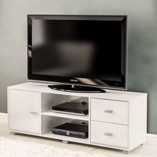 casper wooden tv stand with 1 door 2 drawers in white