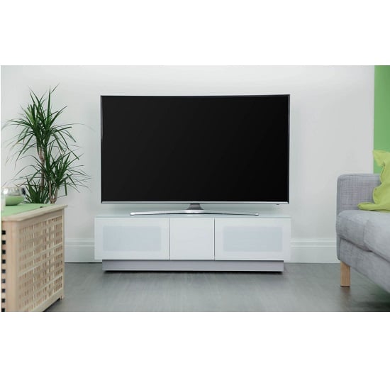 Photo of Elements large glass tv stand with 2 glass doors in white