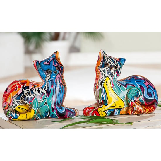 Photo of Cat lying pop art poly set of 2 design sculpture in multicolor