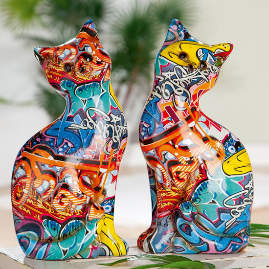 Read more about Cat sitting pop art poly set of 2 design sculpture in multicolor