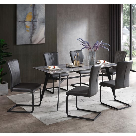 Product photograph of Cebalrai Glass Dining Set In Blue Mist With 6 Duplex Pu Chairs from Furniture in Fashion