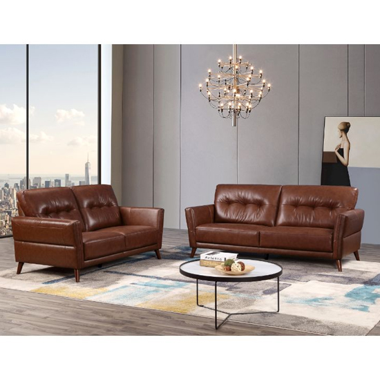 Celina Leather 3+2 Seater Sofa Set In Saddle With Tapered Legs ...
