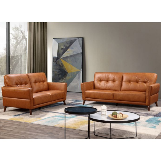 Product photograph of Celina Leather 3 2 Seater Sofa Set In Tan With Tapered Legs from Furniture in Fashion