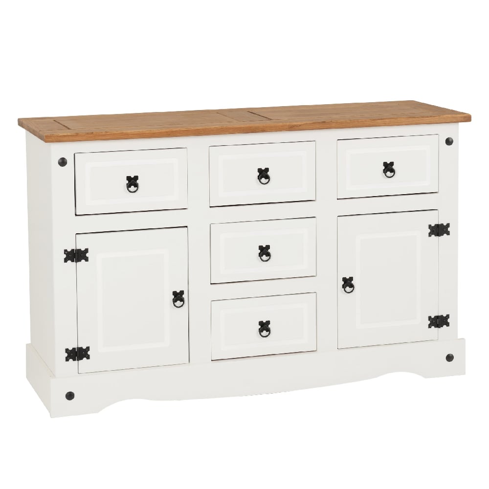 central wooden sideboard with 2 doors 5 drawers in white and oak