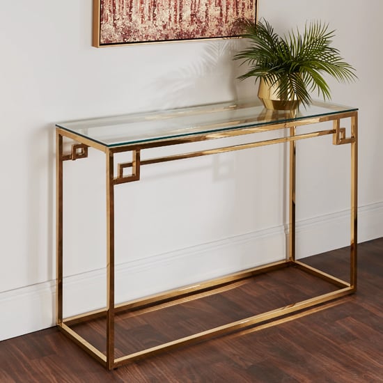 Product photograph of Cesar Clear Glass Top Console Table With Gold Frame from Furniture in Fashion