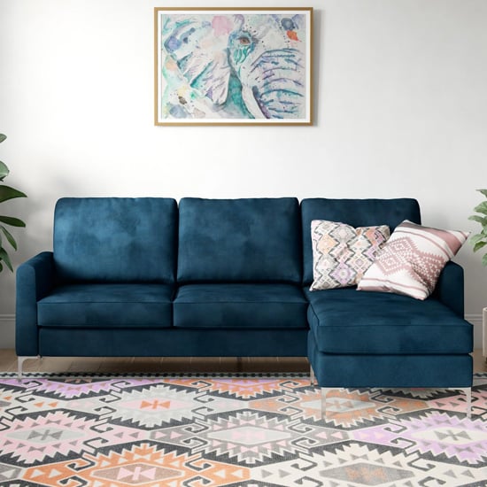 Read more about Chapmen velvet corner sofa with chrome legs in blue