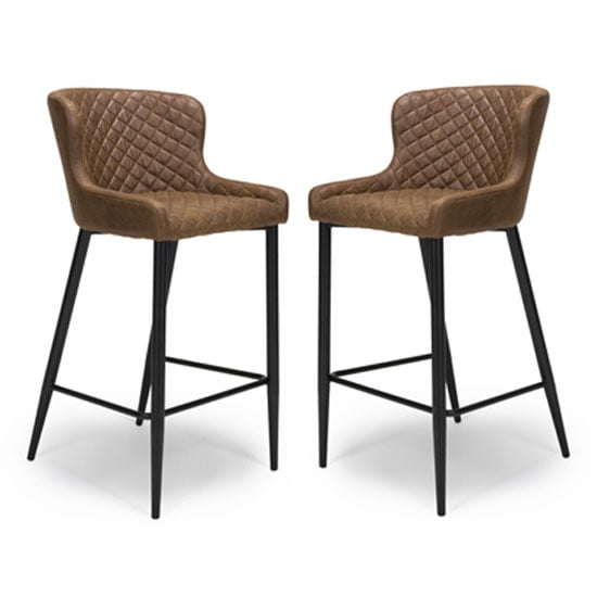 Read more about Charlie antique brown leather bar stool with metal base in pair