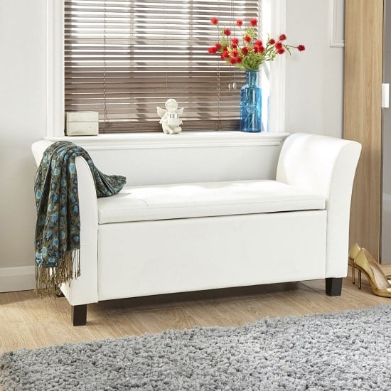 Photo of Ventnor ottoman seat in white faux leather with wooden feet