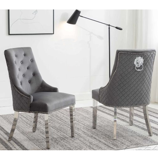Chelsi Dark Grey Velvet Upholstered Dining Chair In Pair | FiF